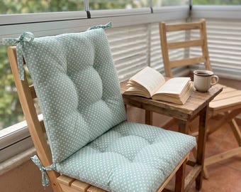 Tufted Outdoor Chair Cushion with Ties, Polka Dot Cotton Seat Pad, Hostess Gift