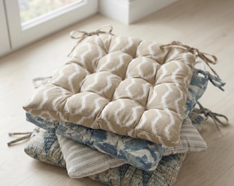 Floor Chair Cushion with Ties, Indoor Beige Natural Cotton Chair Pads, 75th Birthday Gift