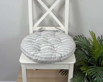 Round Chair Cushion with Ties, Gray Striped Cotton Kitchen Chair Seat Pad with Ties
