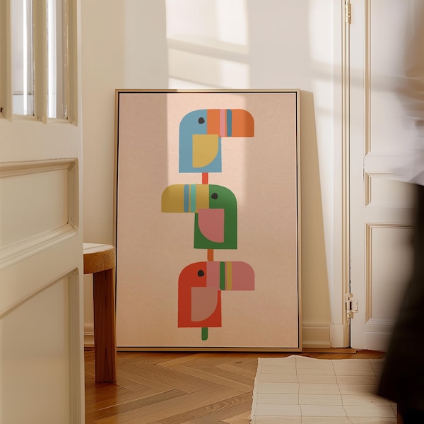Minimalistischer bunter Tukan Stapel Kinderzimmer Kunst Leinwand | Moderne Safari Kinderzimmer Wand Kunst | Kinderzimmer Dekor | MidCentury Boho Regenbogen Leinwand