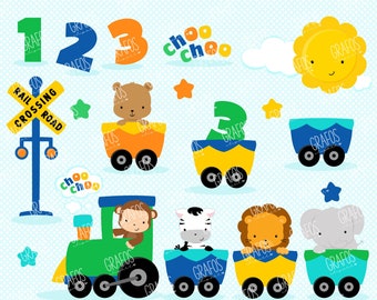 ZOO TRAIN BOY - Digital Clipart Set, Train Clipart, Animals Clipart, Zoo Clipart, Baby Shower Clipart