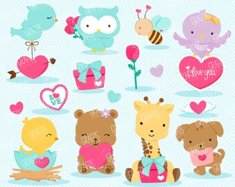 LOVELY ANIMALS 2 - Ensemble de cliparts numériques, clipart d’ours, clipart de la Saint-Valentin, clipart d’oiseau, clipart de hiboux.