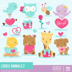 BEAUX ANIMAUX 2 - ensemble de cliparts numériques, clipart ours, clipart Saint-Valentin, clipart oiseau, clipart hiboux.
