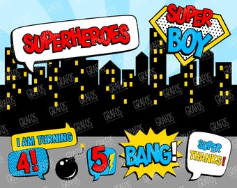 POP ART SUPERHEROES - Digital Clipart Set, Superheroes Clipart, Boys Clipart, Props Superheroes.