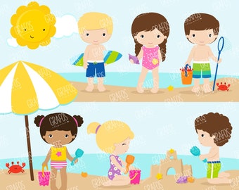 BEACH FUN TIME - Digital Clipart Set, Beach Clipart, Summer Clipart, Beach Vacation Clipart.