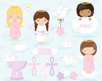 May include: A set of digital illustrations featuring angels with halos, wings, and crosses. The angels are depicted in various poses, including praying and holding doves. The illustrations are in a cartoon style and are perfect for use in religious or spiritual projects.