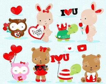 ANIMAUX DE LA SAINT-VALENTIN - ensemble de cliparts numériques, clipart ours, clipart Saint-Valentin, clipart hiboux.