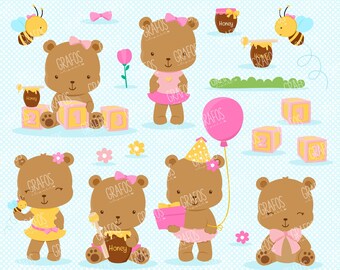 LITTLE BEAR GIRL - Digital Clipart Set, Imagenes Osos, Osos Clipart, Baby Shower Clipart.