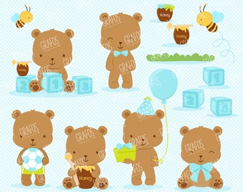 LITTLE BEAR BOY - Digital Clipart Set, Bear Clipart, Baby Shower Clipart, Honey Clipart.