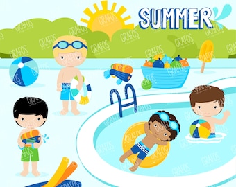 BOYS POOL PARTY - Digital Clipart Set, Imagenes Alberca, Pool Clipart, Vacaciones.