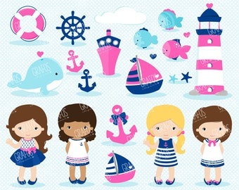 NAUTICAL GIRLS - Digital Clipart Set, Nautical Clipart, Marineros Clipart , Imagenes Barcos.