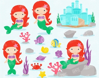 Sirène sous la mer - ensemble de cliparts numériques, clipart sirènes, mer, clipart princesse.