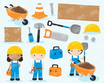 LITTLE BUILDERS - Digital Clipart Set, Imagenes Niños Constructores, Madera Clipart, Heramientas de Construccion