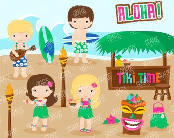 TIKI TIME  - Digital Clipart Set, Imagenes Hawaii, Aloha Clipart, Imagenes de Verano, Vacaciones.