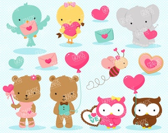 LOVELY ANIMALS 1 - Digital Clipart Set, Bear Clipart, Valentine Clipart, Bird Clipart, Owls Clipart.