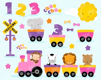 ZOO TRAIN GIRL - Digital Clipart Set, Train Clipart, Animals Clipart, Zoo Clipart, Baby Shower Clipart