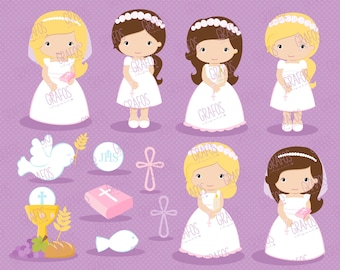 GIRLS FIRST COMMUNION 1 - Digital Clipart Set, Imagenes Primera Comunión, Comunion Clipart, Mi Primera Comunion.