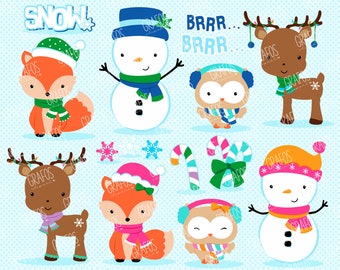 WINTER FRIENDS 1 - Digital Clipart Set, Merry Christmas Clipart, Holidays Clipart, Winter Clipart, Winter Animals clipart.