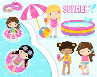 GIRLS POOL PARTY - Digital Clipart Set, Imagenes Alberca, Pool Clipart, Imagenes de Verano, Vacaciones.