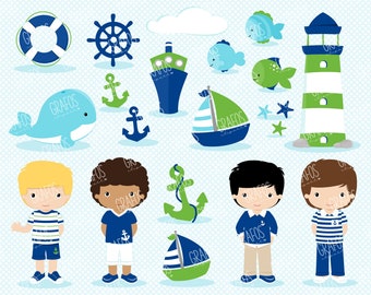 NAUTICAL BOYS - Digital Clipart Set, Nautical Clipart , Navy Clipart,Sea Clipart, Boat Clipart.