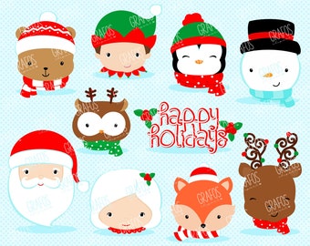 May include: Set of ten digital illustrations of Christmas characters with happy expressions. The characters include a bear, elf, penguin, snowman, owl, Santa Claus, a girl, a fox, and two reindeer. The illustrations are in a cartoon style and feature bright colours, such as red, green, and white. The text "happy holidays" is also included in the image.