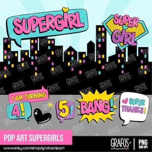 POP ART SUPERGIRLS - Set di clipart digitali, clipart di supereroi, clipart di bambine supereroi