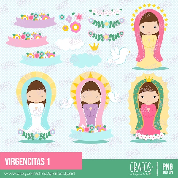 VIRGENCITAS - Digital Clipart Set, Virgin of Guadalupe, Virgin Mary, Lady Mary, My First Communion