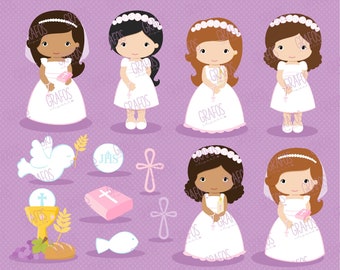 GIRLS FIRST COMMUNION 2 - Digital Clipart Set, My First Communion Clipart, 1St Communion  Clipart, Communion Clipart.