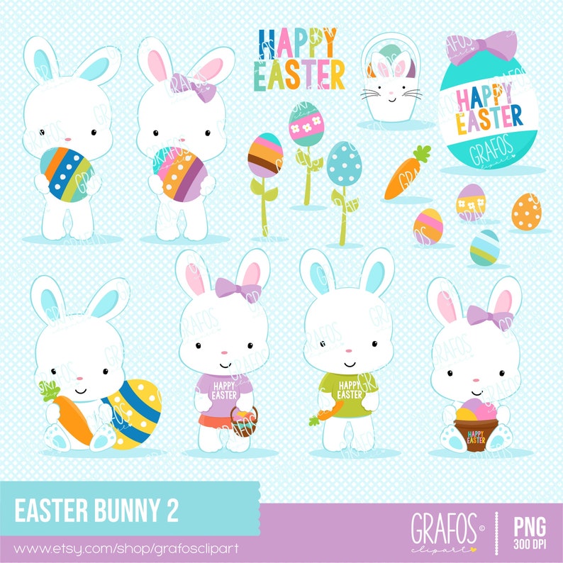 EASTER BUNNIES 2 Digital Clipart Set, Bunnies Clipart, Easter Clipart, Rabbits Clipart, image 1
