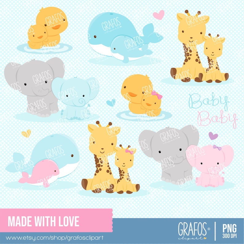 MADE WITH LOVE Digital Clipart Set, Animals Clipart, Zoo Clipart, Baby Shower Clipart, Whale Clipart. image 1