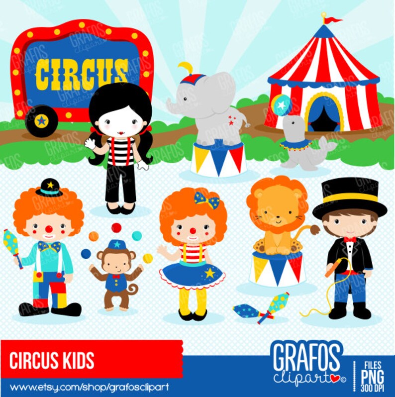 CIRCUS KIDS - Digital Clipart Set, Circus Clipart, Clowns Clipart, Animals Clipart.
