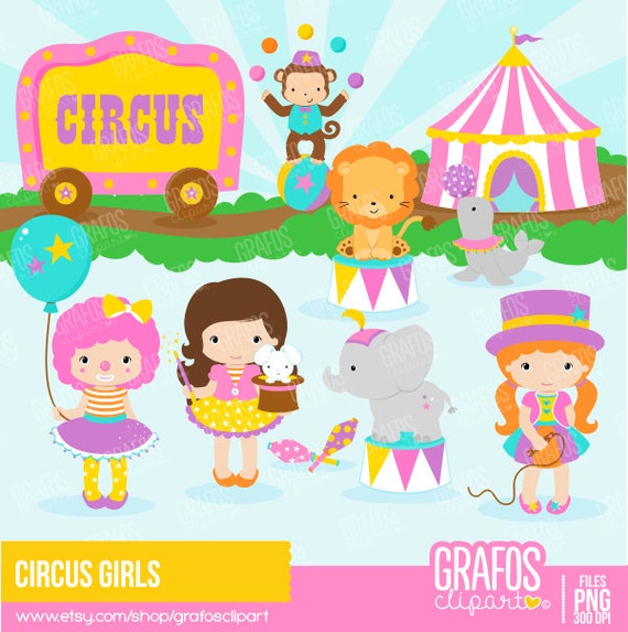 CIRCUS GIRLS - Digital Clipart Set, Circus Clipart, Clowns Clipart, Animals Clipart. Il_570xn