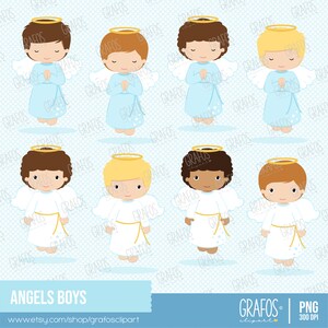 May include: Set of eight digital illustrations of cute cartoon angels with halos. The angels are wearing white and blue robes and have different hair colors and skin tones. The illustrations are perfect for use in digital scrapbooking, card making, and other craft projects.