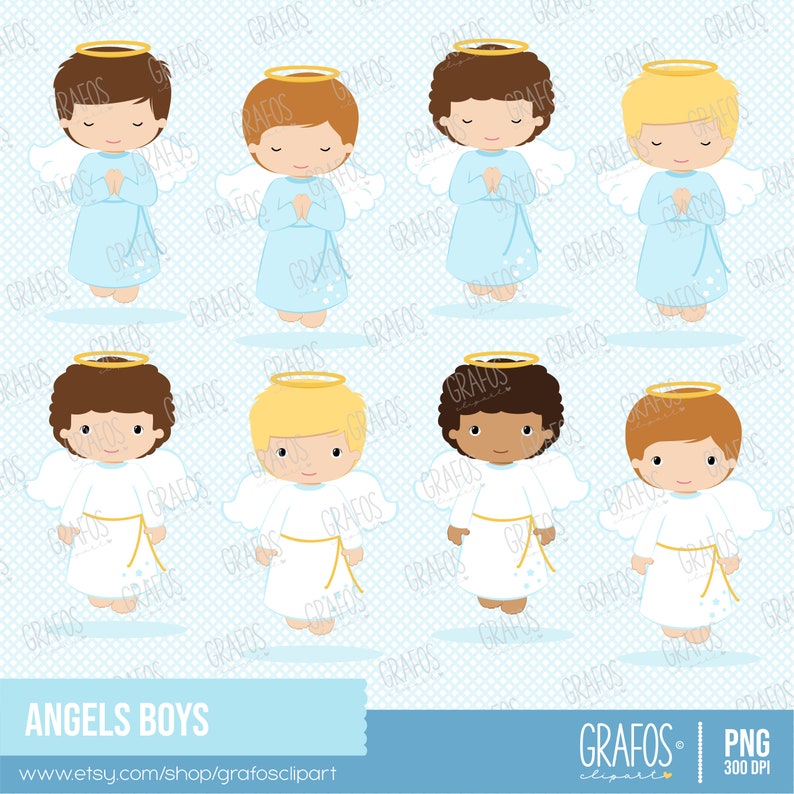May include: Set of eight digital illustrations of cute cartoon angels with halos. The angels are wearing white and blue robes and have different hair colors and skin tones. The illustrations are perfect for use in digital scrapbooking, card making, and other craft projects.