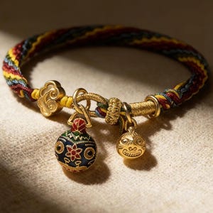 Puede incluir: Una pulsera trenzada con un cierre y abalorios dorados. La banda de la pulsera es una mezcla de hilos rojos, amarillos, azules y verdes. Los abalorios incluyen una nube, una campana y un orbe decorativo con esmalte rojo, azul y verde.