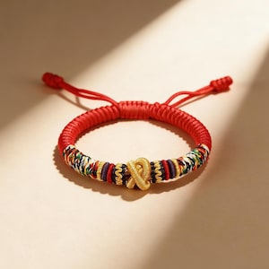 Può includere: Braccialetto rosso intrecciato con un accento a nodo dorato. Il braccialetto presenta un motivo tessuto colorato con fili rossi, gialli, verdi e blu. Il design regolabile consente una vestibilità confortevole.