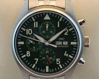 Refurbished IWC Schaffhausen Pilot's Men's Watch Green Dial Day/Date Inductor Full Stainless Steel