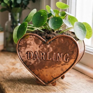Handmade Copper Heart Planter, Embossed Darling Flower Pot, Indoor Plant Holder (Hammered Texture)