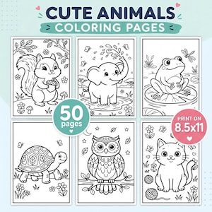 Puede incluir: Seis páginas para colorear con animales lindos, incluyendo una ardilla, un elefante, una rana, una tortuga, un búho y un gato. Las páginas están impresas en papel de 21,6 x 27,9 cm y contienen 50 páginas en total. El texto "CUTE ANIMALS COLORING PAGES" está en la parte superior.