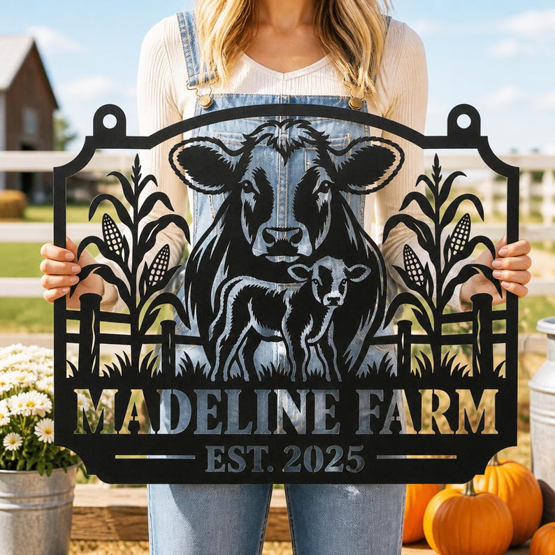 Custom Cow and Calf Metal Farm Art, Personalized Ranch Outdoor Decor ...