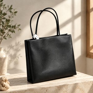 Minimalist leather tote bag, genuine leather, commuter-ready, elegant black bag for women