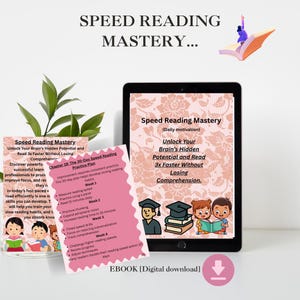 Pode incluir: Um ebook digital e cartões impressos apresentam "Speed Reading Mastery", prometendo melhorar a velocidade e a compreensão da leitura. Os cartões detalham um plano de 30 dias para desenvolver hábitos de leitura fortes. Ebook para download.