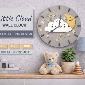 May include: A gray wooden wall clock with a sleeping cloud, yellow moon, and stars design. The clock has black hands and the text "Little Cloud Wall Clock" and "Laser Cutting Design".
