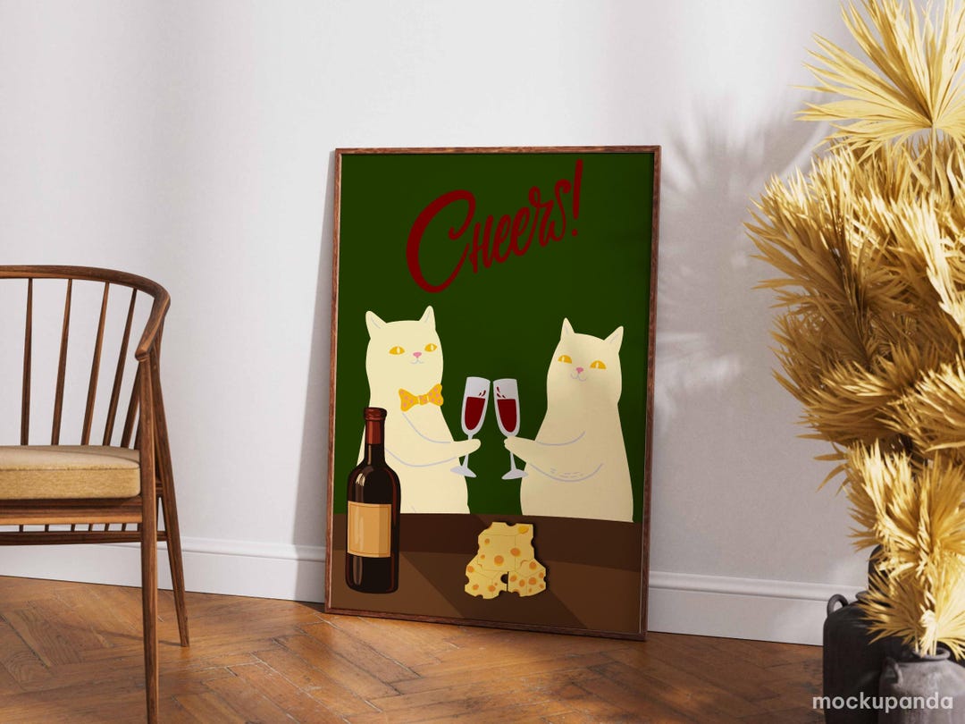 Cheers Cat Wall Art Print, Funny Cat Wine Poster, Cute Cat Kitchen ...