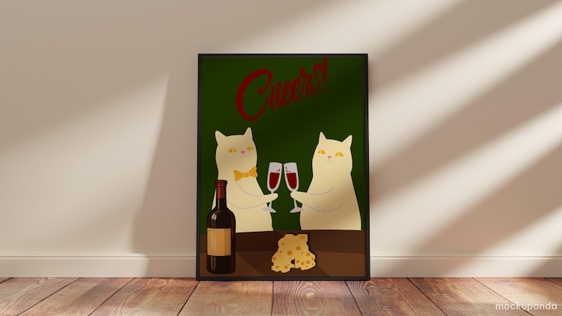 Cheers Cat Wall Art Print, Funny Cat Wine Poster, Cute Cat Kitchen ...