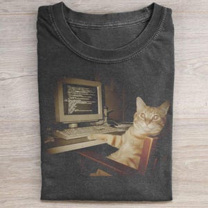 Funny Programmer Cat T-Shirt, Coder Cat at Computer Tee, Retro Tech Humor Graphic Shirt, Gift for Software Engineer, Comfort Colors 1717