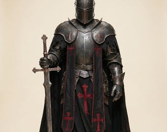 Traje de armadura de caballero templario oscuro ponible / Armadura de placas medieval de cuerpo completo con capa de la Cruz Roja / Disfraz para LARP, cosplay y feria renacentista