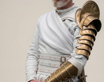 Fantasy Warrior Arm Armor – Waist Belt Set – Gold Single Pauldron With Bracer Costume Piece for Cosplay, LARP & Reenactment