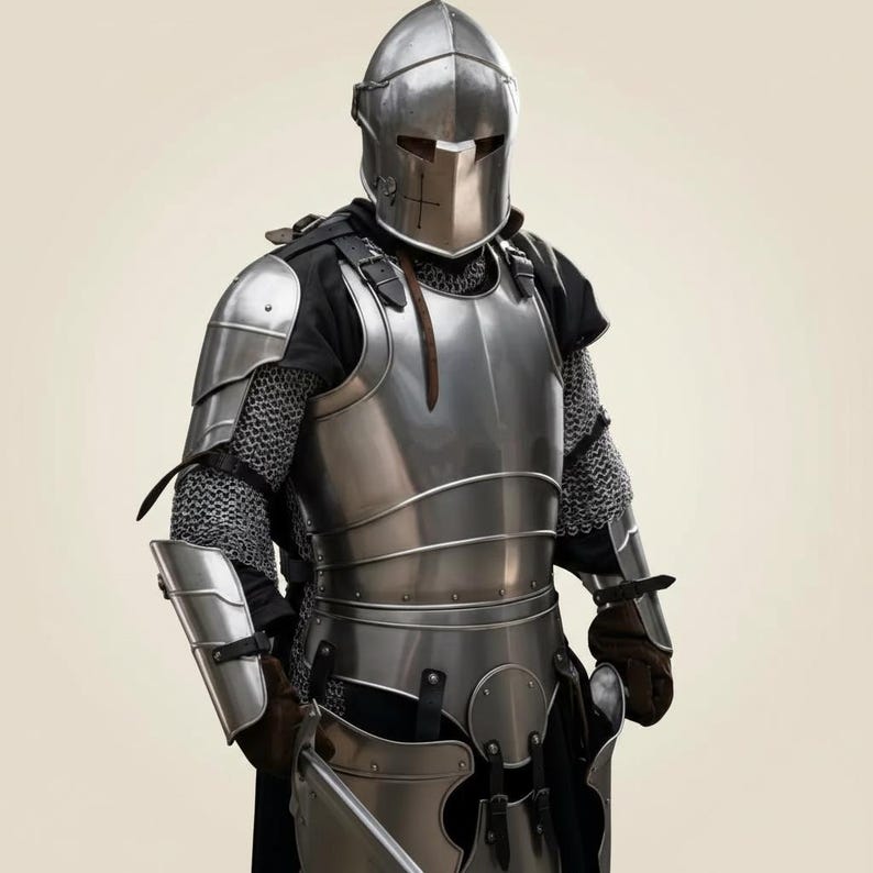 May include: A full suit of polished steel armor, including a helmet, chest plate, and arm and leg guards. The armor is worn over a black garment and chainmail. The helmet has a cross design. The overall appearance is medieval.