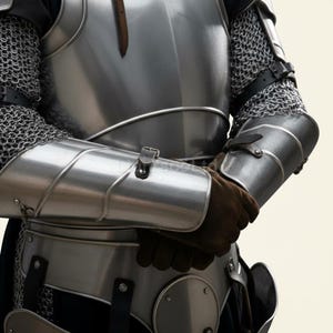 May include: Close-up of a medieval knight's armor. The polished steel armor includes a breastplate, arm guards, and chainmail. Brown leather gloves are visible. The armor is secured with straps and buckles, showcasing historical craftsmanship.